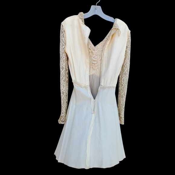 50s Chantilly Lace Beige Chiffon Vintage Dress XS Long Sleeve Pleated Wedding - Picture 10 of 11